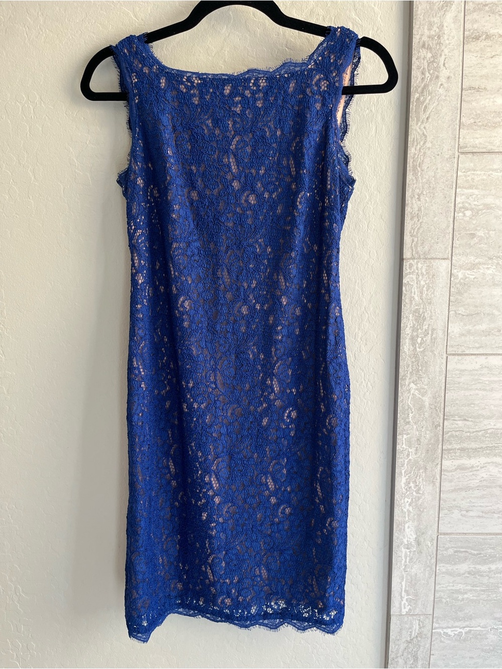Adrianna Papell Boatneck Lace Ovelay Sheath Dress Navy Blue Nude Size 4P